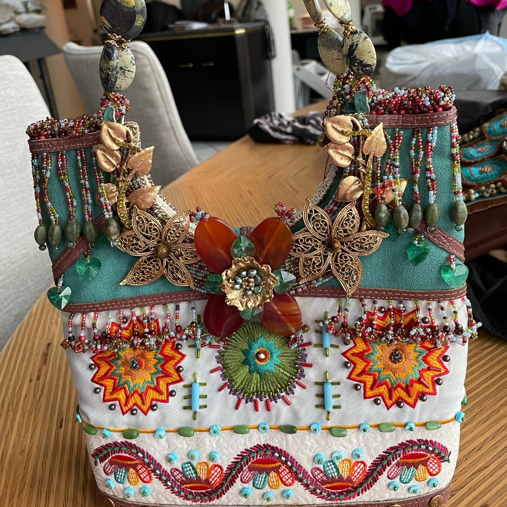 Mary Frances Beaded Handbag Flower Green Orange